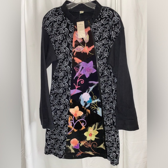 Windhorse Tops - Windhorse Black Boho Patchwork Hand Embroidered Knee Length Tunic/Jacket Sz XL